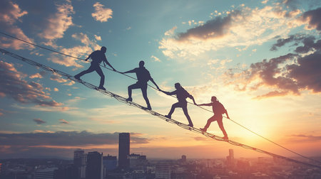 A silhouette of four people in a line, helping each other ascend a rope ladder, holding hands for support and balance.の素材