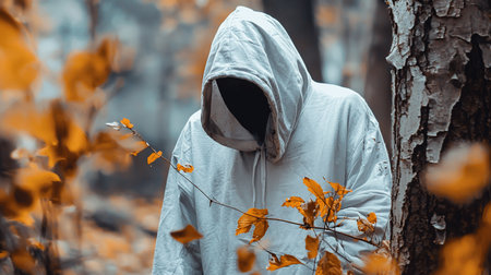 A person wearing a light gray hooded sweatshirt with the hood pulled up, obscuring their face, stands in a forest setting with blurred autumn leaves.の素材