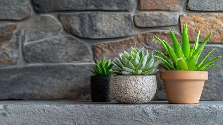 A trio of vibrant green succulent plants, including an aloe and a sempervivum, potted in varied terracotta, speckled stone, and textured black containers.の素材