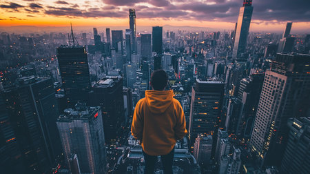 A person stands on a rooftop, gazing at a sprawling metropolis as twilight descends, with buildings illuminated by city lights.の素材