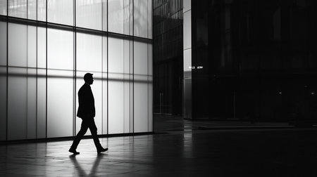 A silhouetted man in a suit walks across a reflective surface, showcasing a modern architectural design. The image is in monochrome.の素材