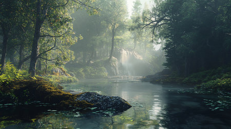 A tranquil forest scene featuring a river flowing through lush greenery, with trees, a waterfall, and a misty atmosphere. The water reflects the surrounding environment.の素材