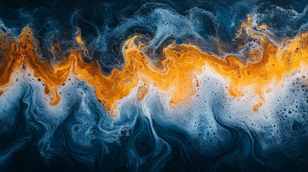 Abstract fluid art featuring swirling patterns of gold, white, and blue resin, creating a textured and dynamic visual effect.の素材