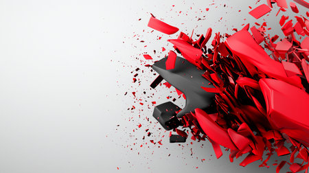A dynamic abstract composition featuring a central black form exploding into numerous sharp, glossy red geometric fragments and particles.の素材
