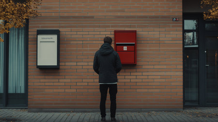 A man wearing a dark jacket and black pants stands facing a red mailbox mounted on a brick wall.の素材