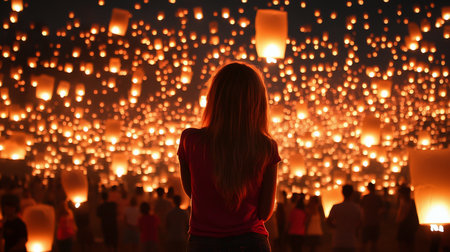 A young woman with long, illuminated reddish-brown hair, wearing a dark t-shirt, stands with her back to the viewer.の素材