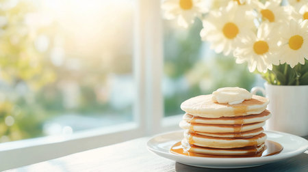 A delicious stack of five thick, golden-brown pancakes on a white plate, topped with a dollop of melting butter and dripping with amber-colored syrup.の素材