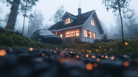 A charming white wooden house with illuminated windows, nestled in a misty forest, featuring a parked car and scattered glowing lights.の素材