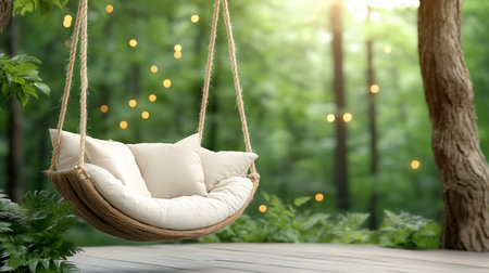 A comfortable, suspended basket swing chair crafted from thick, braided rope, filled with several soft, off-white fabric cushions for comfortable seating and relaxation.の素材