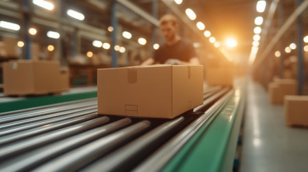 A close-up view of a brown cardboard box on a metal roller conveyor belt in a brightly lit warehouse, with other boxes and a blurred figure in the background.の素材