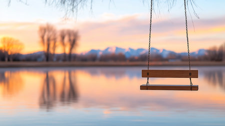 A two-plank wooden swing seat, suspended by sturdy dark metal chains, showing visible grain texture.の素材