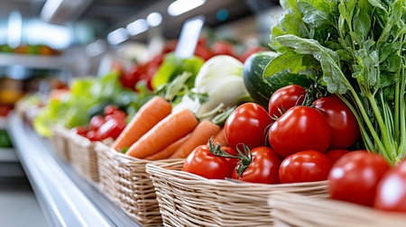 A vibrant display of fresh produce including tomatoes, carrots, lettuce, and greens arranged in woven wicker baskets at a grocery store.の素材
