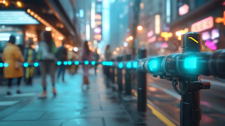 Sleek dark metallic barrier featuring multiple bright blue glowing rectangular lights along its length, with a yellow chevron symbol.の素材