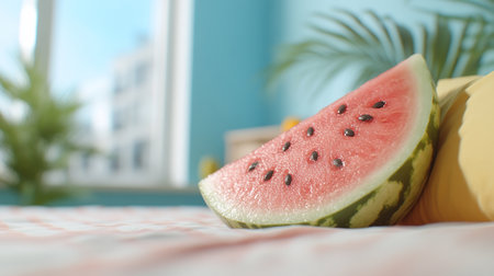 A single watermelon slice, showcasing vibrant red flesh, black seeds, and a green and white rind. The juicy fruit is fresh and ready to eat.の素材