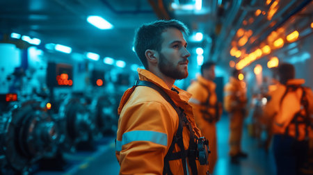 Profile of a determined, bearded man wearing a high-visibility orange uniform with a reflective stripe and black safety harness in cinematic, dual-toned light.の素材