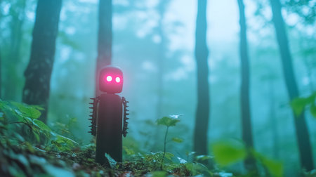 A small, black humanoid robot figure with a simple matte body, spiky side details, and two bright, luminous circular pink eyes that glow intensely.の素材