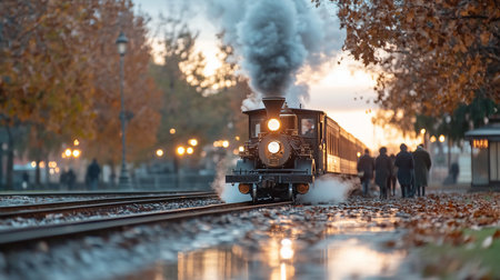 A dark, detailed miniature steam train with two glowing headlights and a tall smokestack, emitting a thick grey smoke plume while moving.の素材