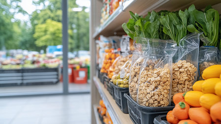 Packaged rolled oats in clear bags and fresh produce, including leafy greens and citrus fruits, arranged on a supermarket shelf.の素材