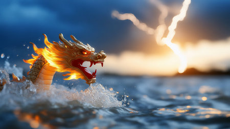 A golden dragon with a fiery mane and open mouth emerges from water, showcasing intricate details and textures.の素材