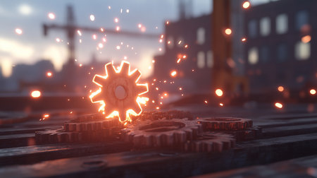 A single, brightly glowing cogwheel sits atop a pile of weathered metal gears, surrounded by numerous fiery sparks.の素材