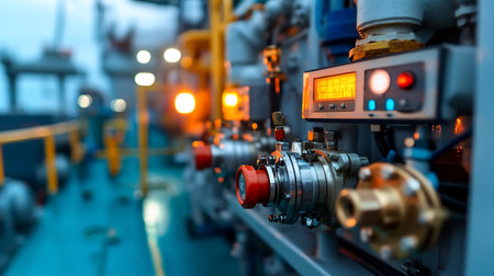 Close-up of intricate industrial machinery featuring a digital display, metallic components, and a prominent red valve, showcasing complex engineering.の素材