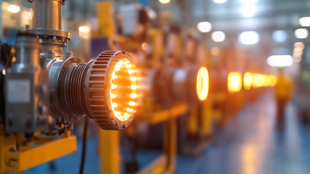 Close-up of a metal industrial machine with a circular light fixture emitting a bright orange glow, showing intricate mechanical details.の素材