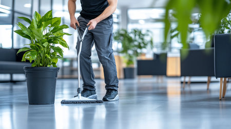 A person in work pants and black t-shirt mops a shiny floor next to a large potted green plant in an office setting.の素材