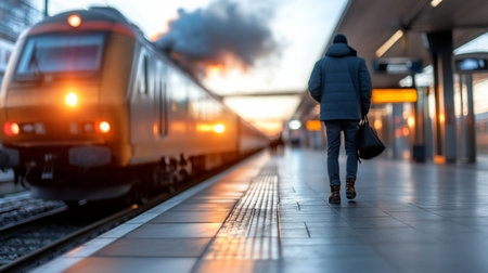 A man walks away from the camera on a train platform, wearing a dark blue jacket, carrying a black bag.の素材