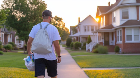 A man walks along a sidewalk carrying a light gray drawstring backpack and a plastic shopping bag filled with items.の素材