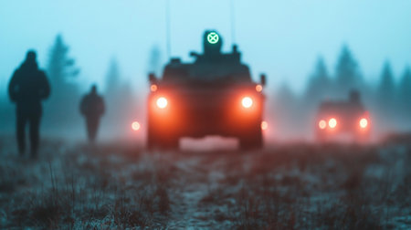 A blurry military vehicle with bright headlights and a green symbol on top, shrouded in fog, in a field.の素材