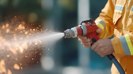 A red fire hose nozzle is held by a person, spraying a stream of water with force. The nozzle is metallic and the water is visible.の素材