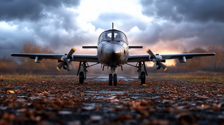 Sleek dark metallic twin-engine propeller aircraft on ground, front view, with blurred rotating blades, detailed landing gear visible.の素材