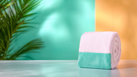 A neatly rolled towel, featuring a soft texture, with a pink upper half and a teal lower half, resting on a surface.の素材