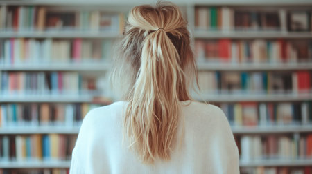 A person seen from behind with long, messy blonde hair tied in a casual half-up ponytail. They are wearing a soft, white, knitted sweater with a visible fine texture.の素材