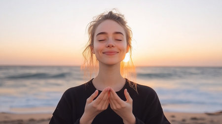 Young woman with closed eyes and a gentle smile, cupping her hands, wearing a black top, bathed in the warm glow of a sunset.の素材