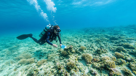 Scuba diver in a black wetsuit, mask, and fins, collecting a plastic bottle underwater near coral reefs.の素材