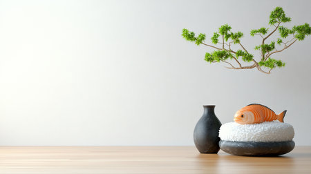 A decorative arrangement featuring a smooth orange fish with salmon stripes resting on a fluffy white rice cushion within a dark textured stone bowl, beside a matte black vase.の素材