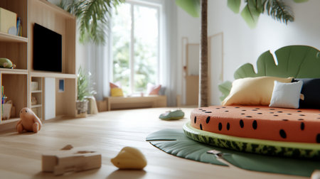 A playful, round bed designed to resemble a slice of watermelon, complete with black seeds and a green rind base, adorned with plush pillows.の素材
