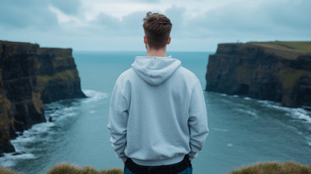 Rear view of a young man wearing a comfortable, textured light grey hoodie. His short brown hair is slightly messy. He stands relaxed.の素材