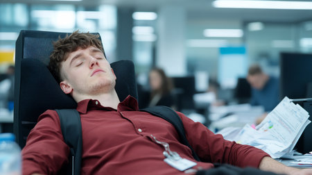 Young man with curly brown hair, light stubble, sleeping peacefully in a black mesh office chair. Wearing a maroon button-up shirt and black backpack.の素材