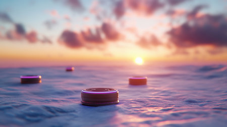 Several futuristic cylindrical objects with glowing neon rings are scattered across a textured, wavy surface, possibly water, during a sunset.の素材