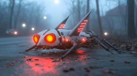 A mechanical insect with a white body, glowing orange eyes, sharp spikes, and robotic legs stands on wet ground with red light reflections.の素材