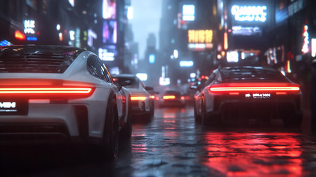 The rear of a pristine white sports car, featuring a wide, bright red LED taillight bar, dark wheels, and a sleek, aerodynamic body design.の素材