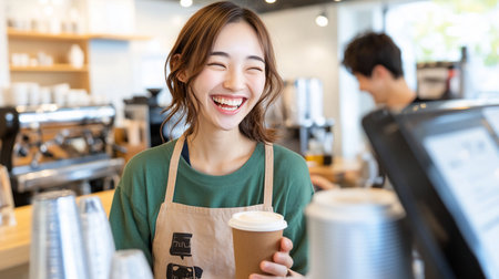 A young woman barista with a wide smile, holding a coffee cup. She wears a green shirt and a beige apron.の素材