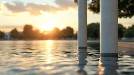 A textured, off-white cylindrical pillar stands partially submerged in gently rippling water. Its rough surface contrasts with the shimmering liquid.の素材