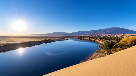 A tranquil lake reflects the clear sky, bordered by sandy dunes, sparse vegetation, and distant mountains under a bright sun.の素材