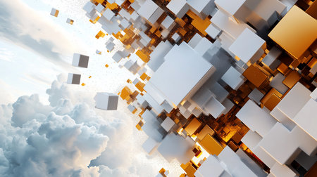 A dynamic composition of white and gold cubes, interspersed with glittering particles, creating a modern and abstract design.の素材