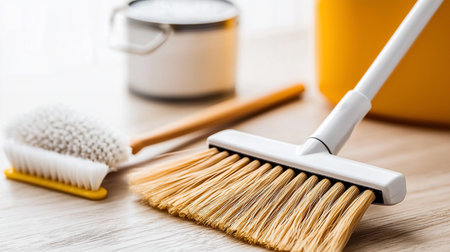 A detailed view of a broom with natural, straw-colored bristles and a white handle, positioned on a light wooden floor.の素材