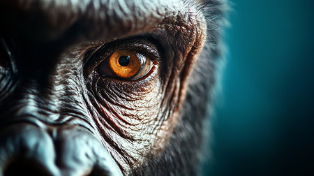A close-up view of a gorilla's eye, showcasing detailed skin texture, fur, and an amber-colored iris. The eye is the focal point.の素材