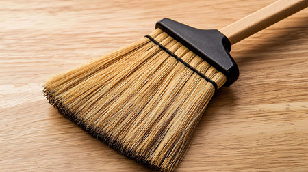 A detailed view of a new paintbrush featuring dense, golden-brown natural bristles and a smooth, light-colored wooden handle.の素材